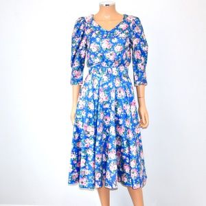 VTG 80'S Blue Pink Rose Print Cottage Core Belted Puff Sleeve Dress - XS